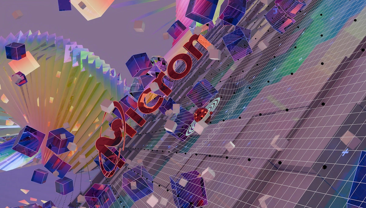 Abstract digital art featuring 'micron' text, colorful cubes, and grid.