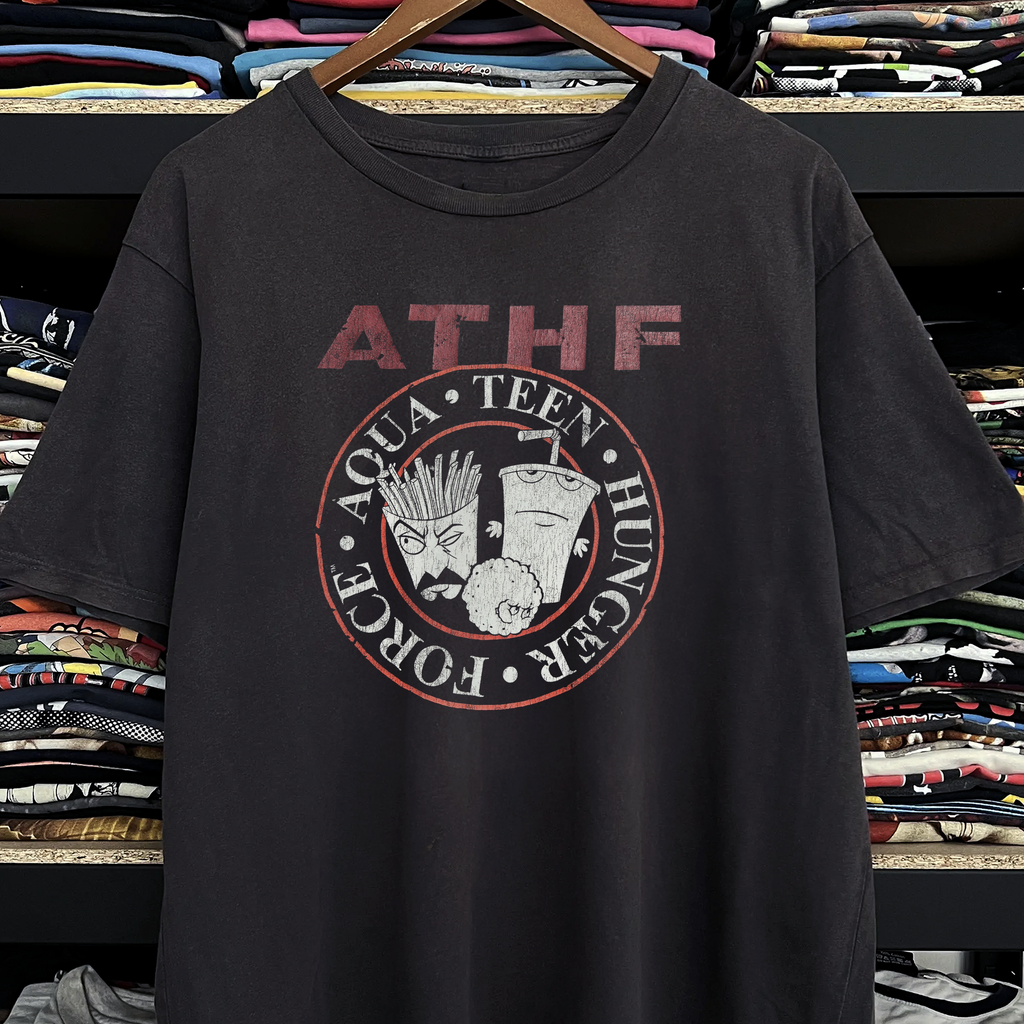 Vintage 2005 Aqua teen Hunger Force ATHF Washed Black Graphic Graphic T-Shirt