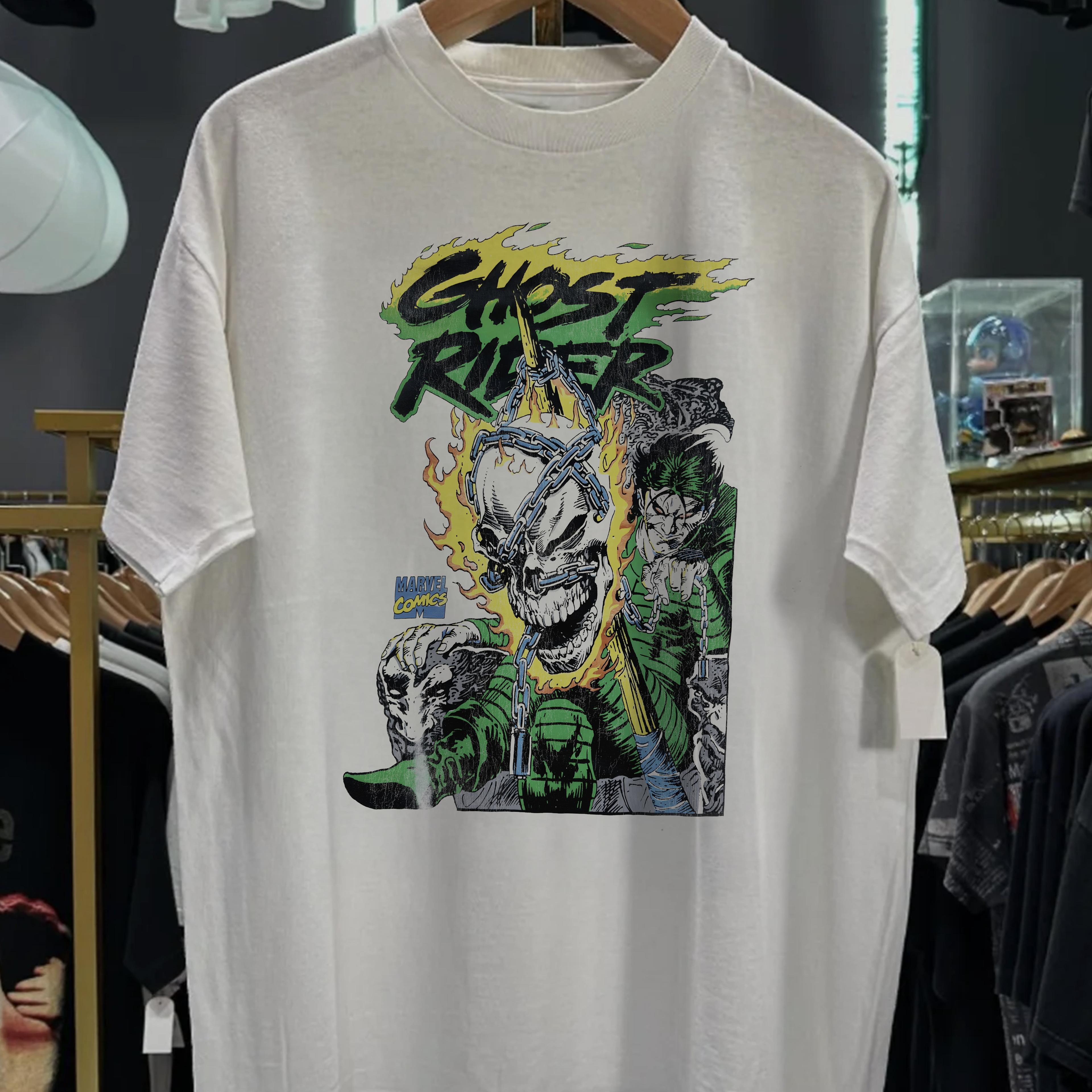 Vintage 90s Ghost Rider Graphic Graphic T-Shirt Washed White Graphic Graphic T-Shirt