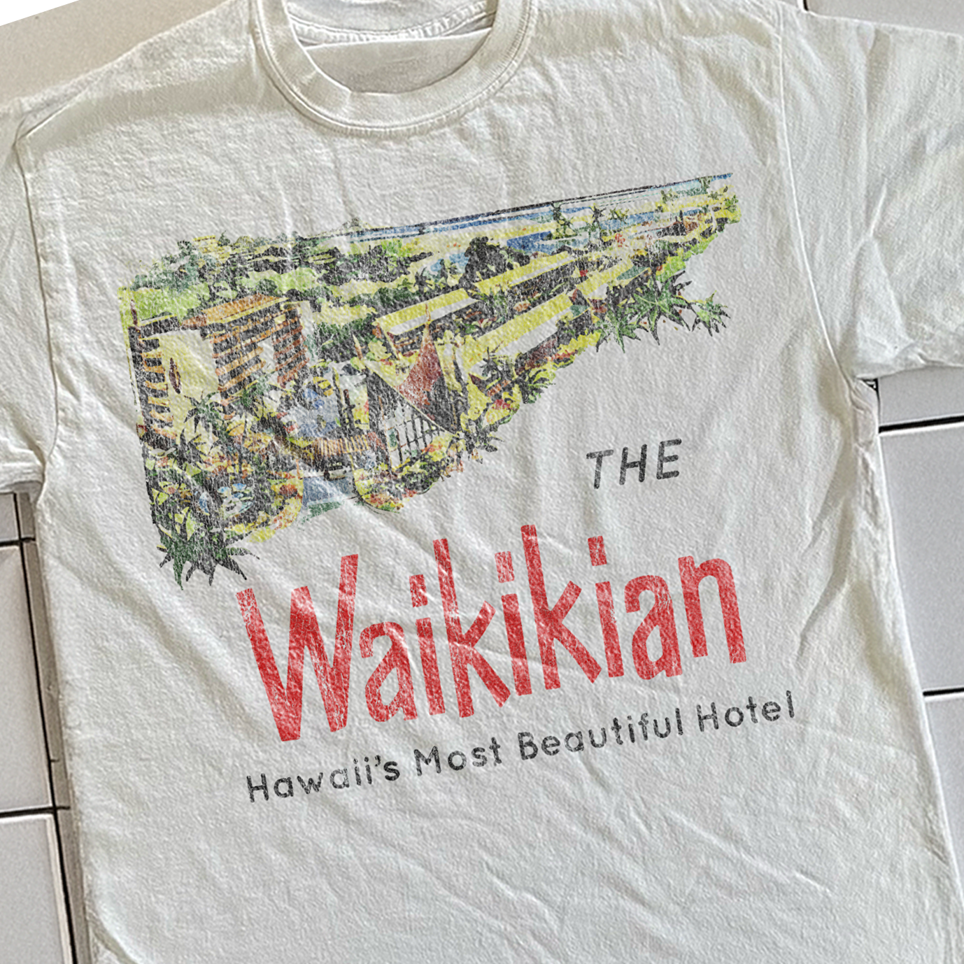 Vintage 90s The Waikikian Rare Washed White Graphic T-Shirt