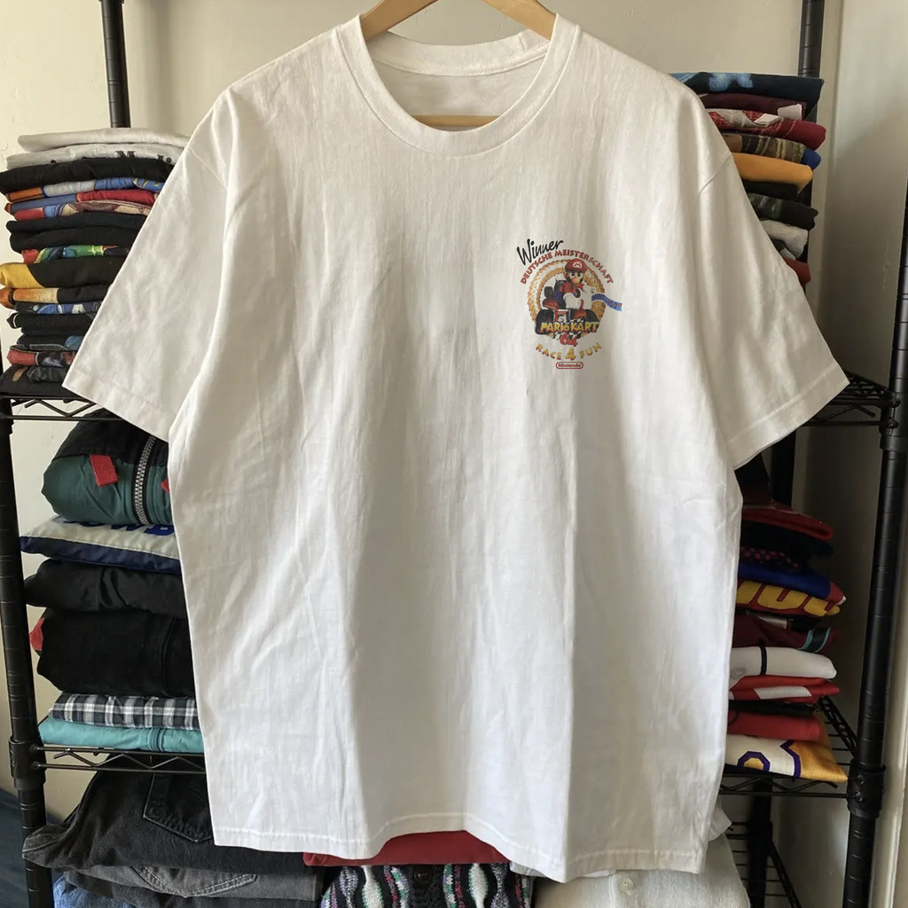 Vintage 90s German Mario Kart Winners Washed White Graphic Graphic T-Shirt