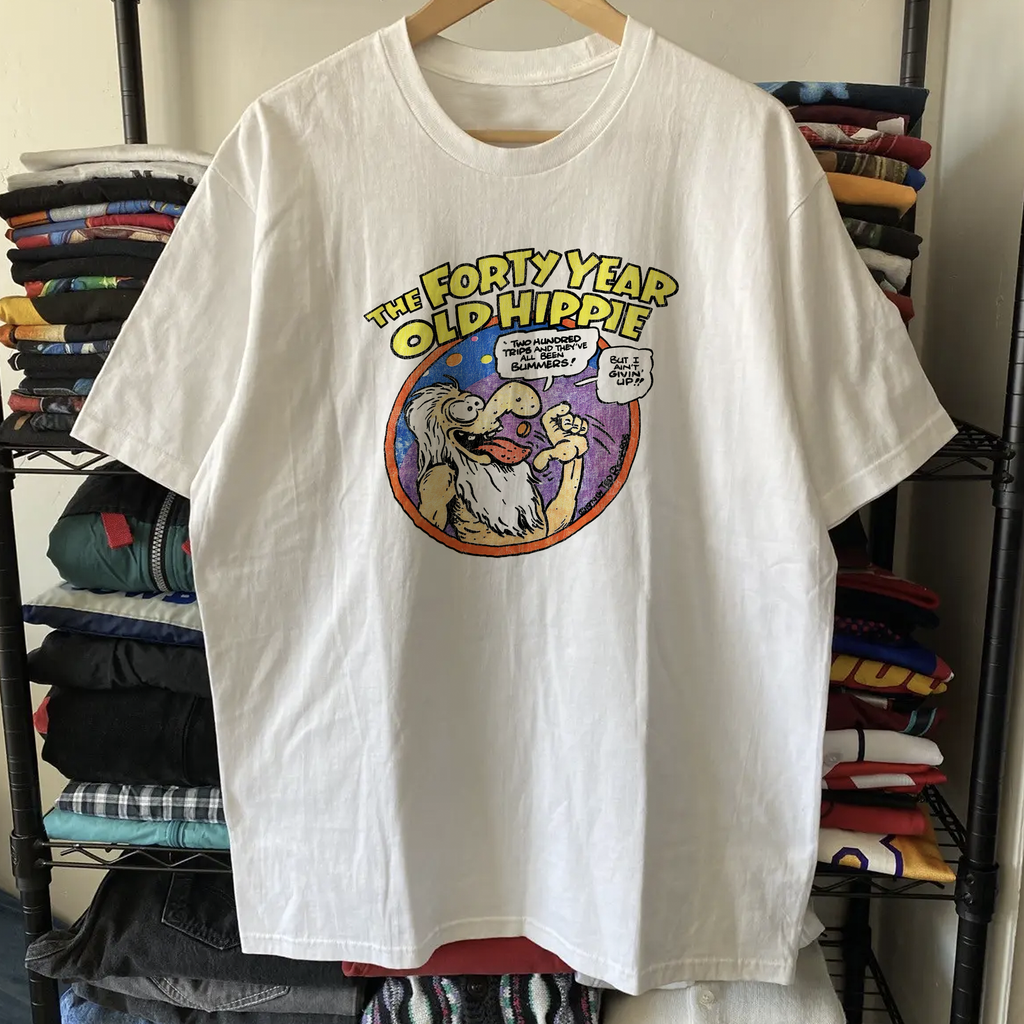 Vintage 70s Forty Year Old Hippie Washed White Graphic Graphic T-Shirt